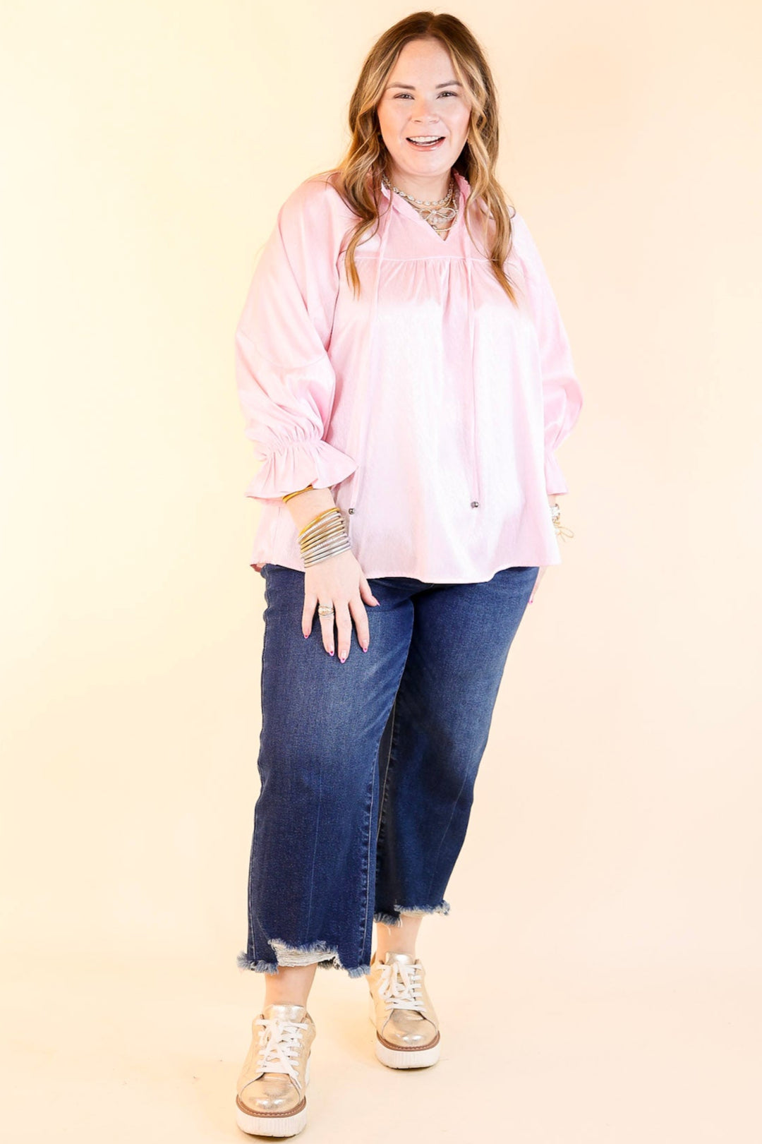 Sunset Situation Front Tie Keyhole Blouse in Light Pink