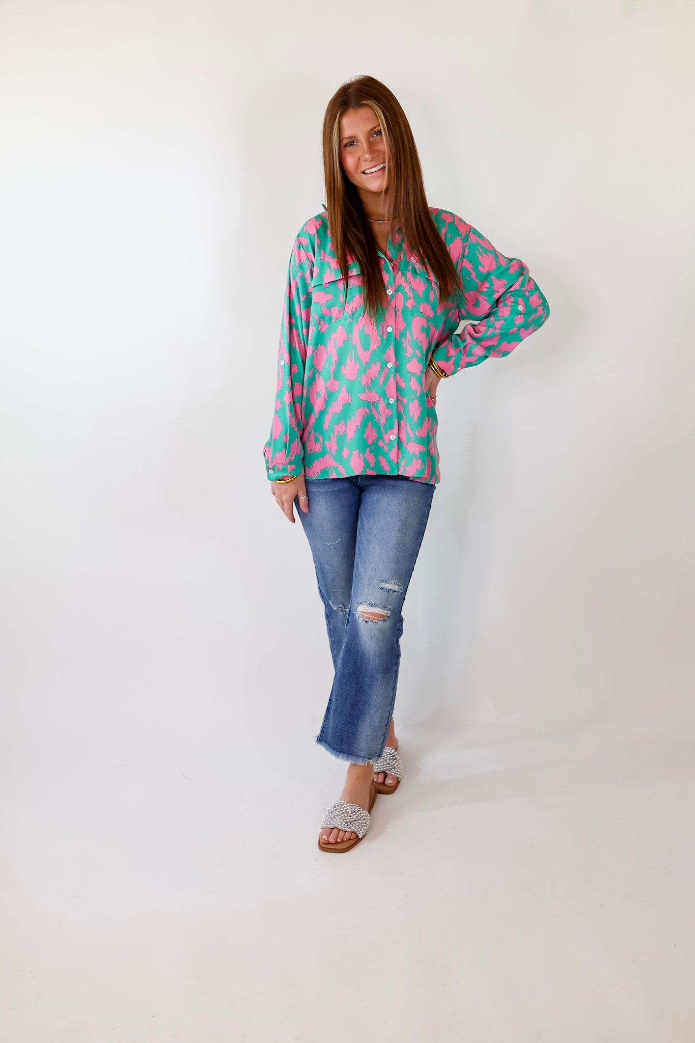 Fun and Adventurous Button Up Top With Pink Abstract Leopard Print In Green - Giddy Up Glamour Boutique