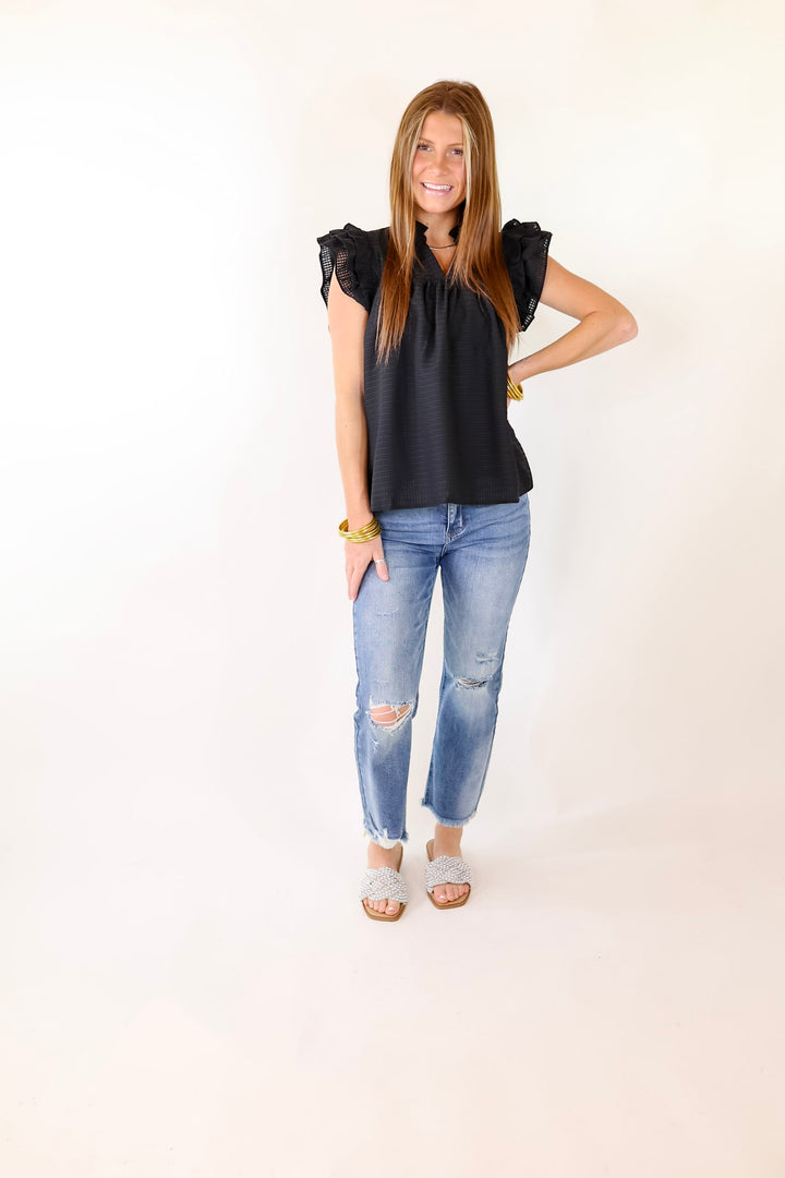 Perfectly Fabulous Ruffle Cap Sleeve Top in Black - Giddy Up Glamour Boutique