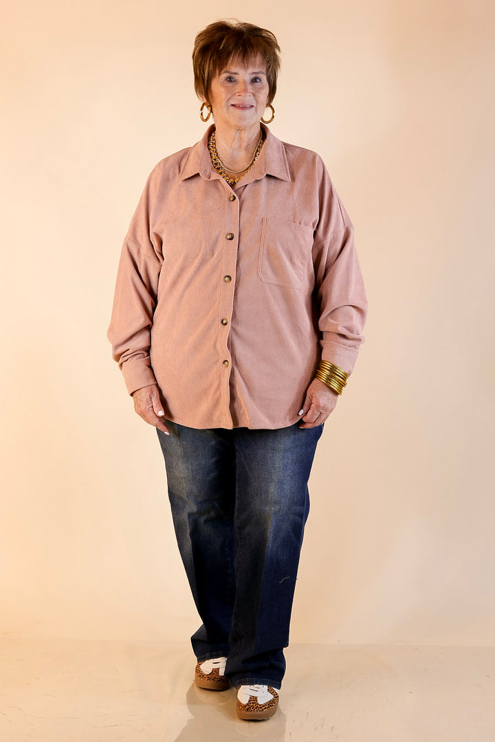 Captivating Cuteness Corduroy Button Up Shacket in Mauve Pink