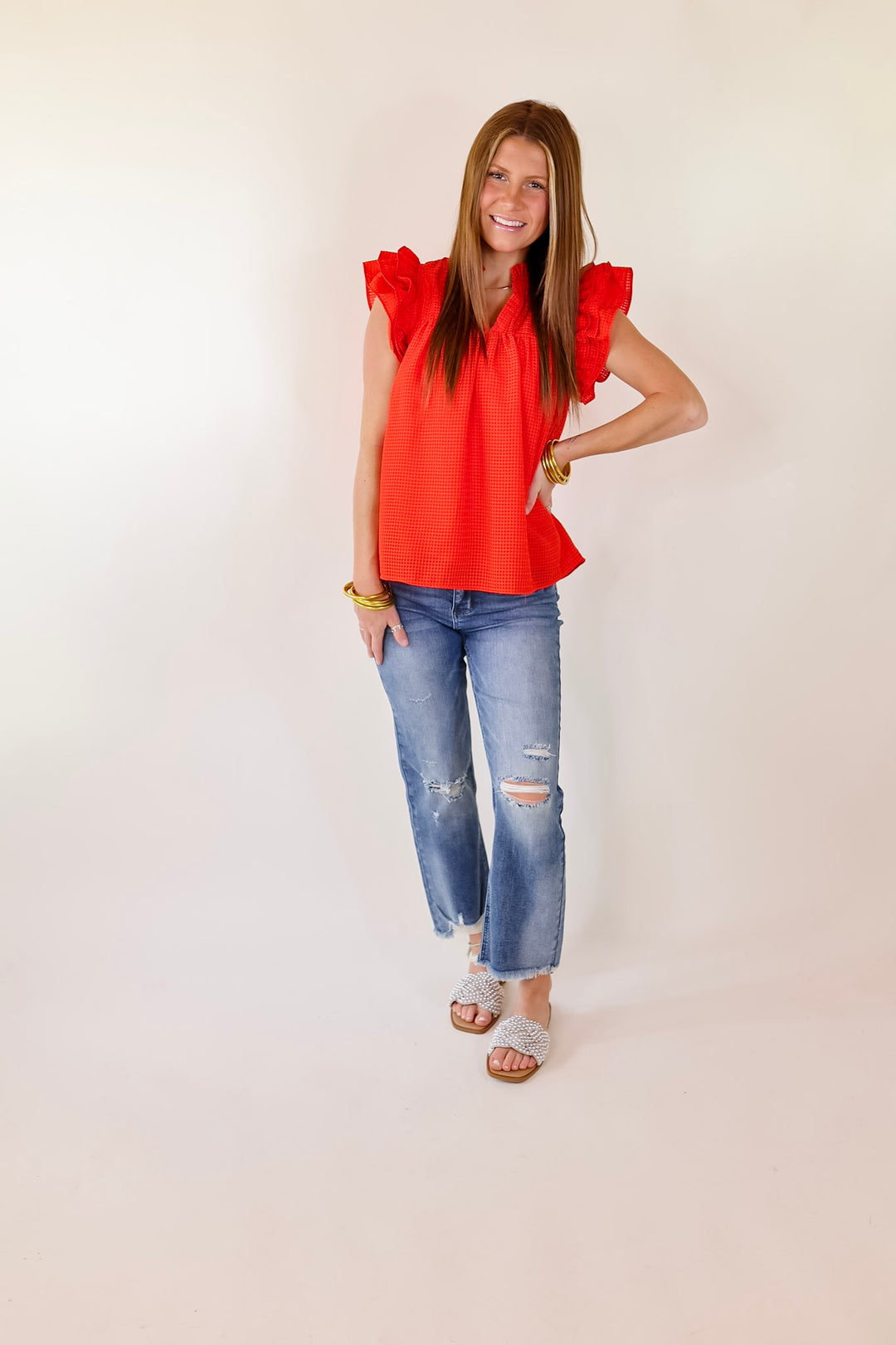 Perfectly Fabulous Ruffle Cap Sleeve Top in Red - Giddy Up Glamour Boutique