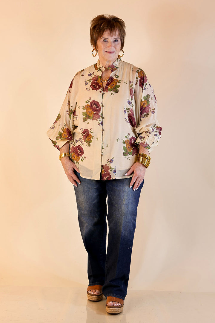 Garden Stroll Floral Long Sleeve Button Down Top in Cream