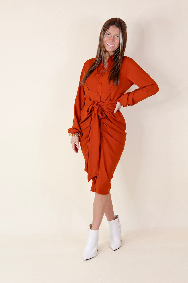 Heart On The Line Button Up Ruched Front Midi Dress with Waist Tie in Rust Orange - Giddy Up Glamour Boutique