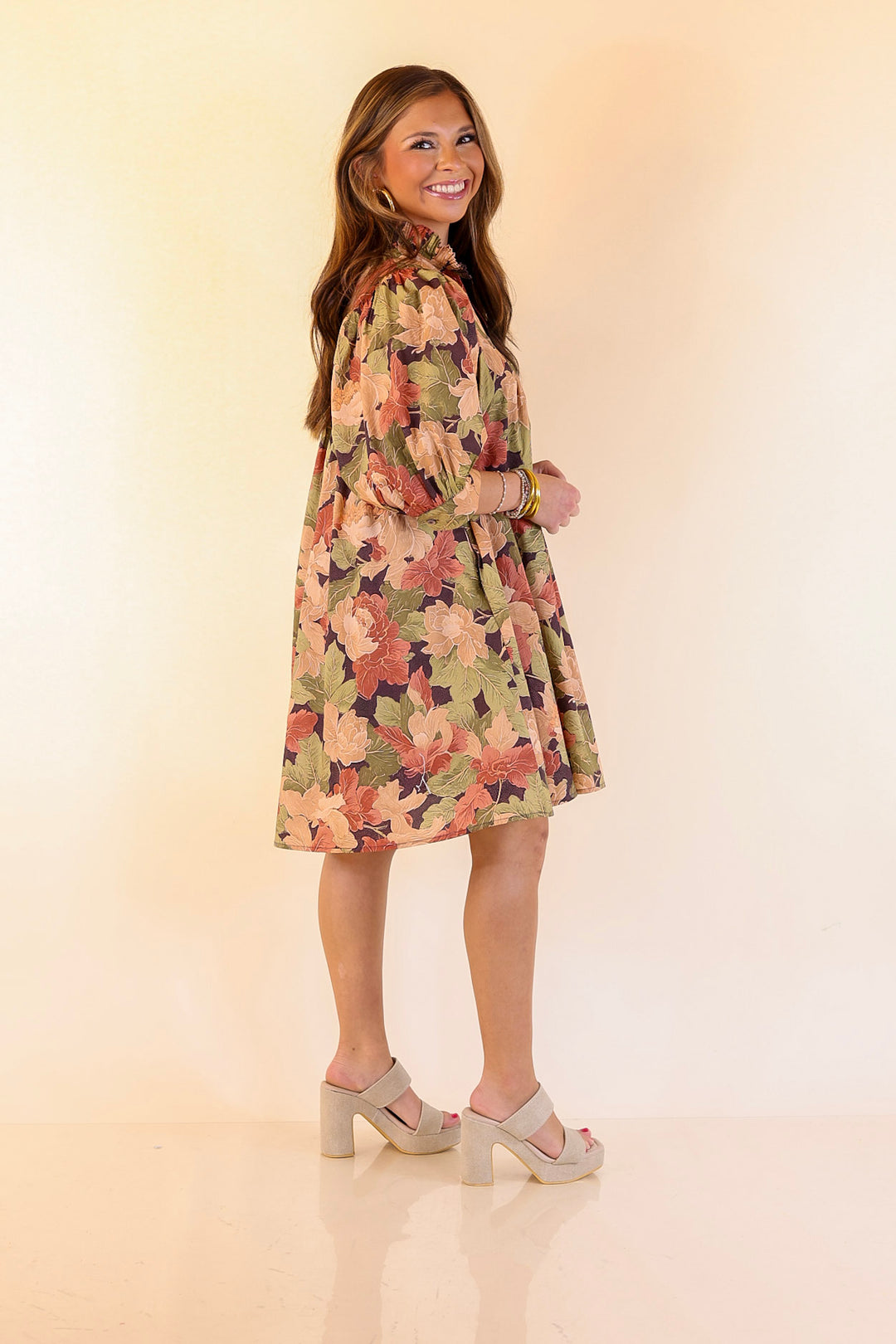 Endless Possibilities Floral Babydoll Dress with Puff Sleeves in Beige, Navy and Rust