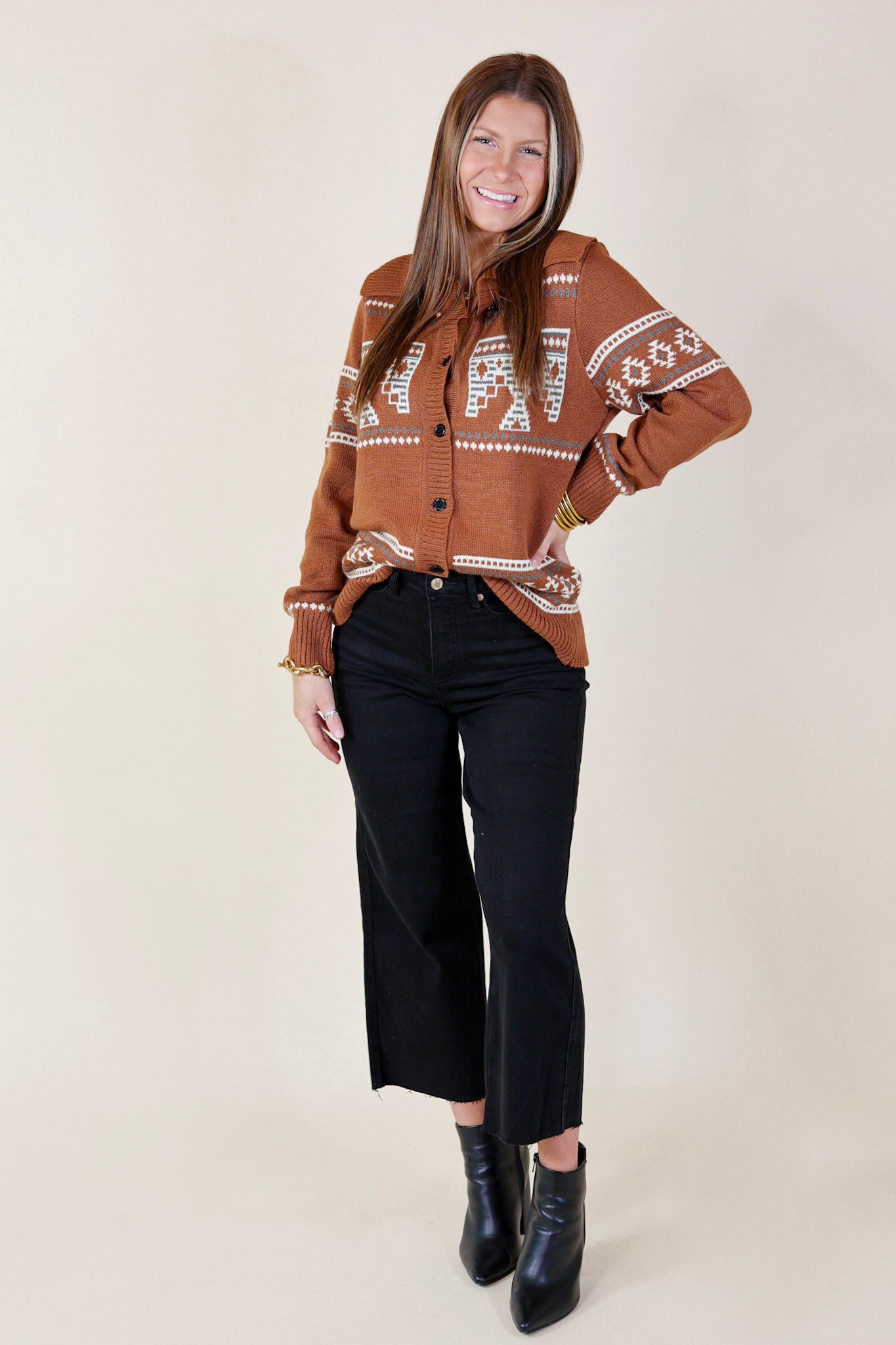 Desert Chill Thunderbird Button Up Cardigan in Rust Brown - Giddy Up Glamour Boutique