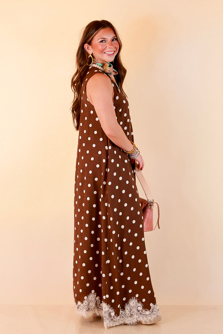 Sweet Little Something Polka Dot Sleeveless Maxi Dress with Lace Trim in Chocolate Brown