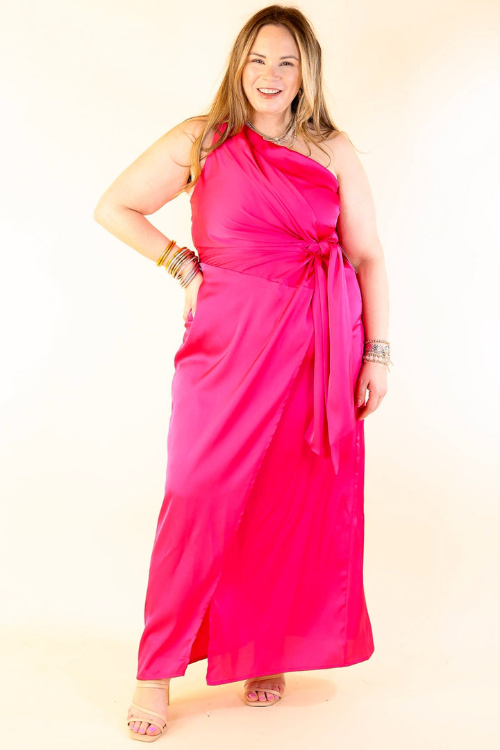 Luxury Glam One Shoulder Slit Dress in Fuschia Pink