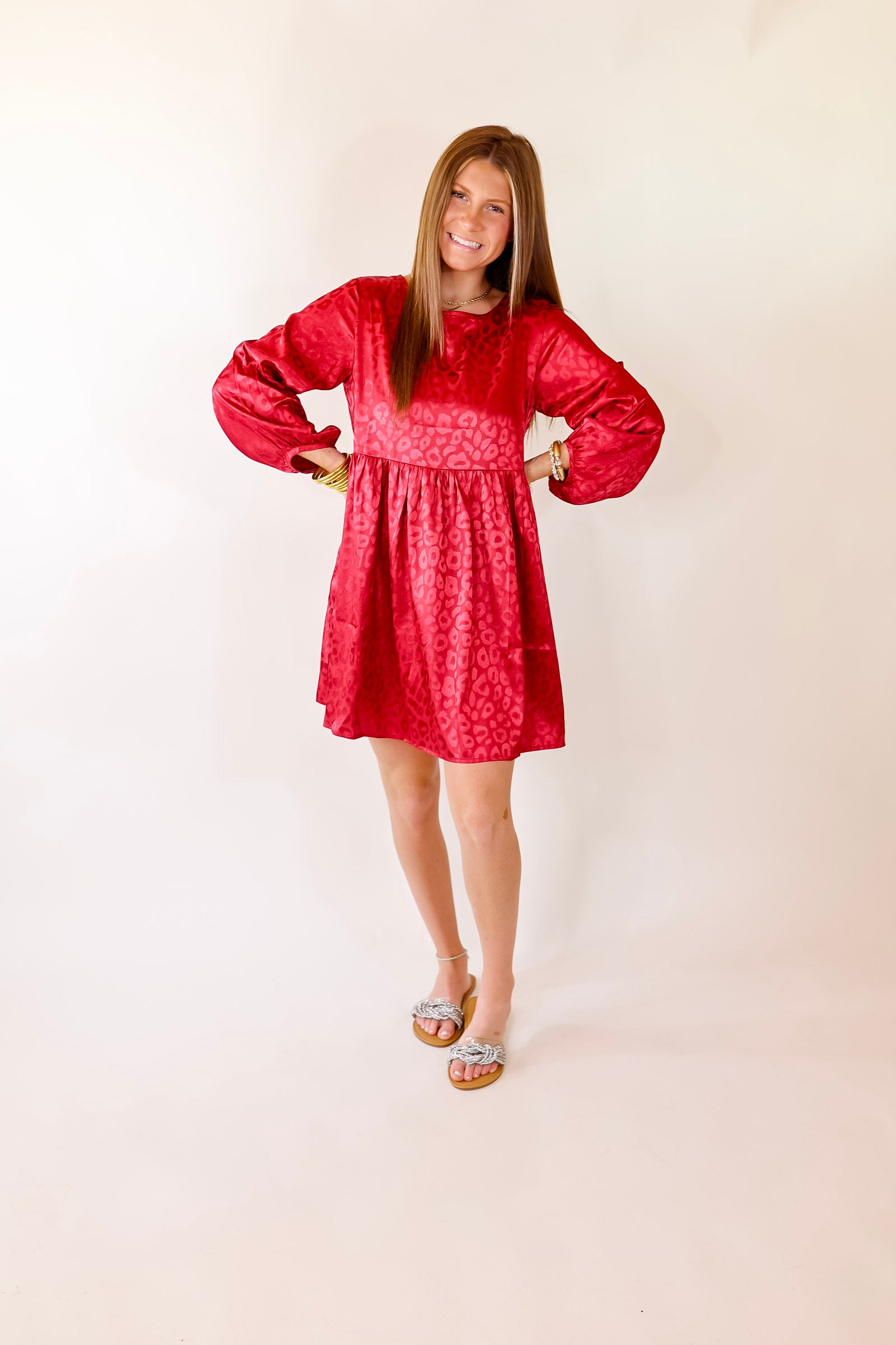 Change Is Coming Leopard Print Babydoll Dress with Long Sleeves in Dark Red - Giddy Up Glamour Boutique