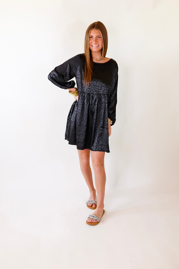 Change Is Coming Leopard Print Babydoll Dress with Long Sleeves in Black - Giddy Up Glamour Boutique