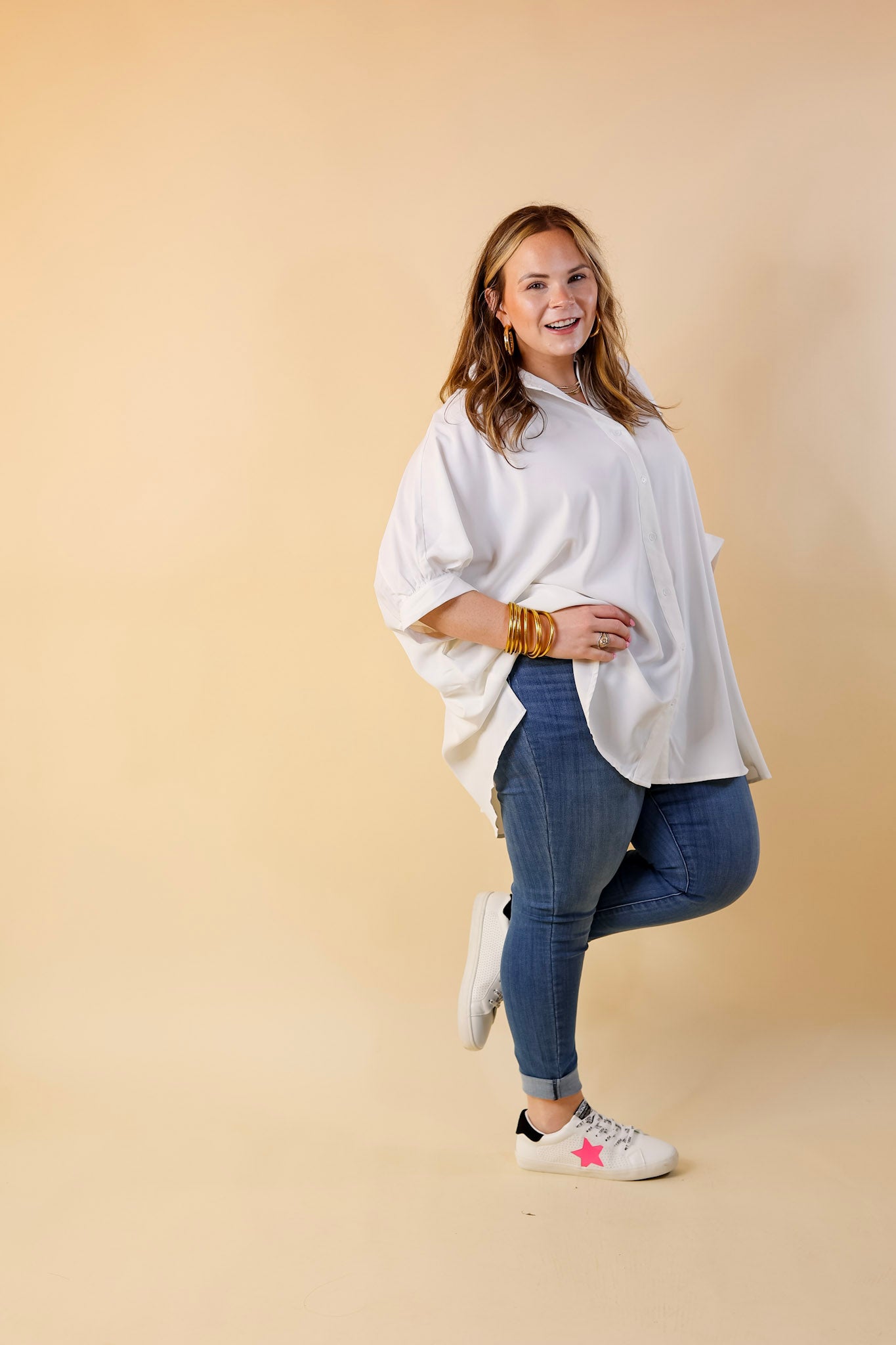 City Lifestyle Button Up Half Sleeve Poncho Top in Off White - Giddy Up Glamour Boutique