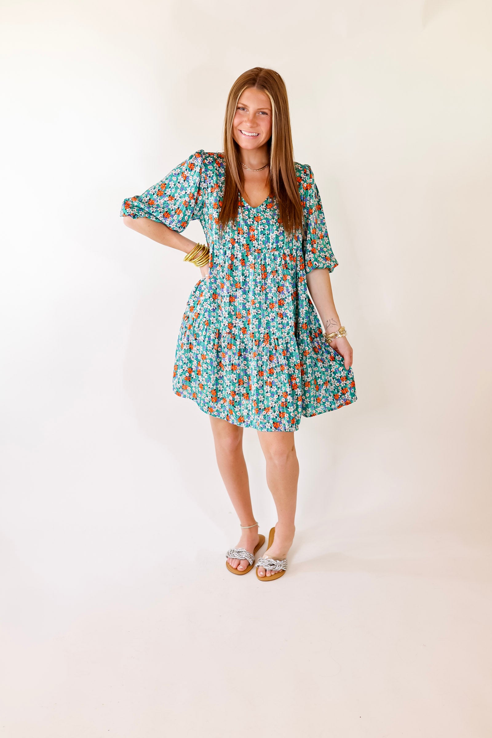Pretty Personality Tiered Floral Dress in Teal - Giddy Up Glamour Boutique