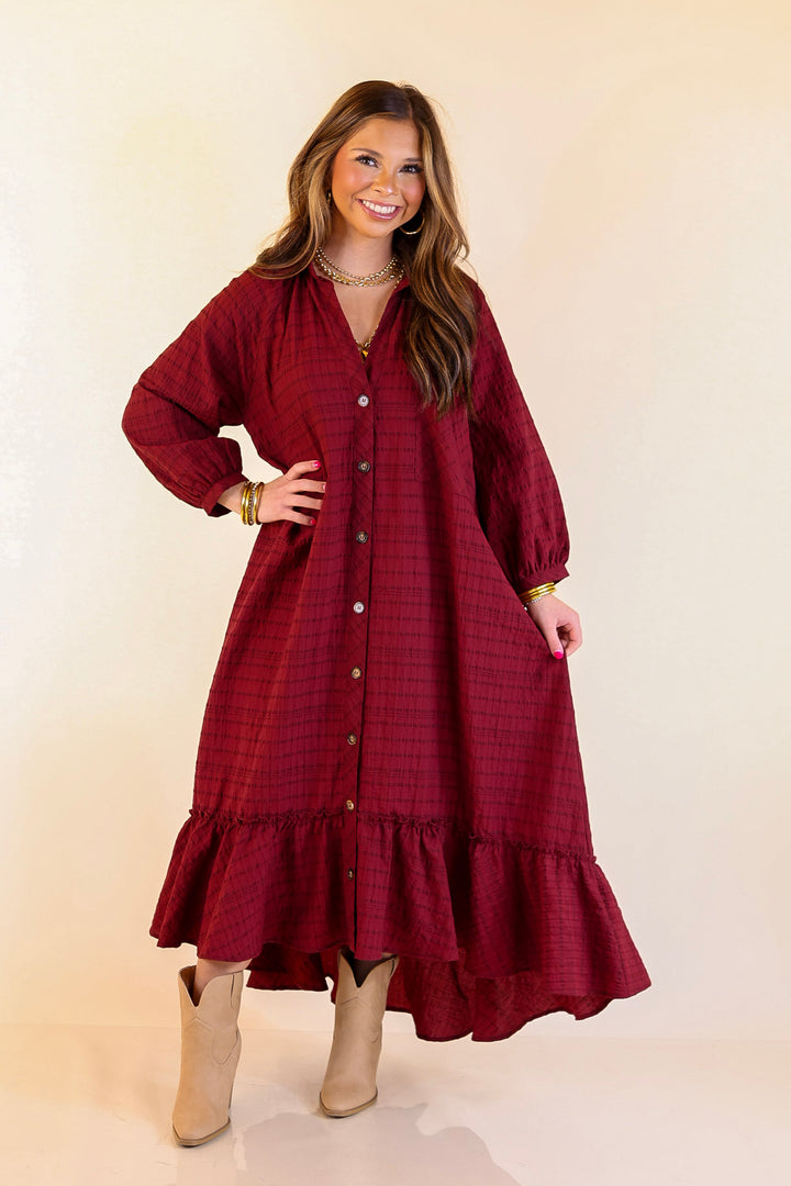 Easy to Please Button Up Ruffle Hem Midi Dress in Maroon Plaid