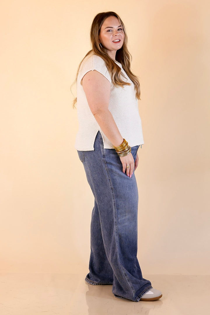 Judy Blue | Made to Move Wide Leg Palazzo Featherweight Elastic Waistband Jeans in Dark Wash