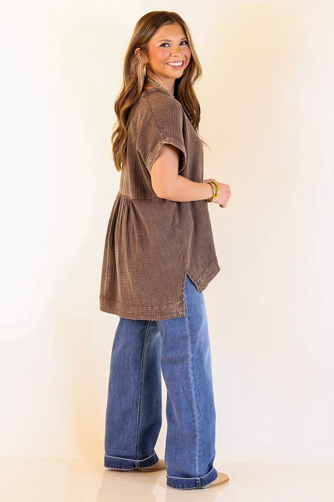 Simple Statement Quarter Button Up Short Drop Sleeve Shirt in Brown