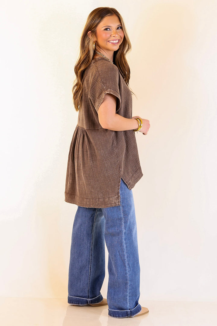 Simple Statement Quarter Button Up Short Drop Sleeve Shirt in Brown