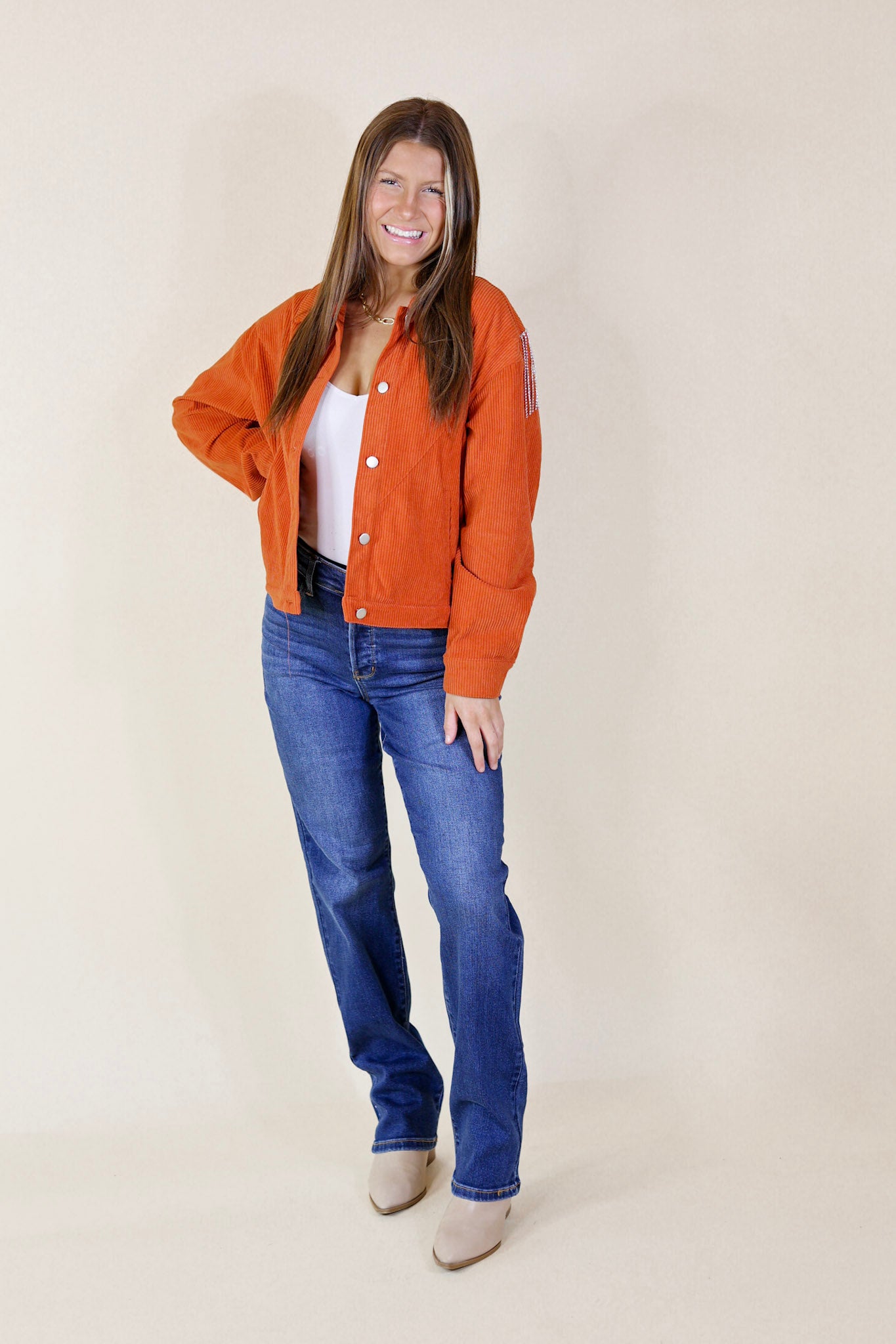 Signature Moves Button Up Corduroy Jacket with Crystal Fringe Back in Rust Orange - Giddy Up Glamour Boutique