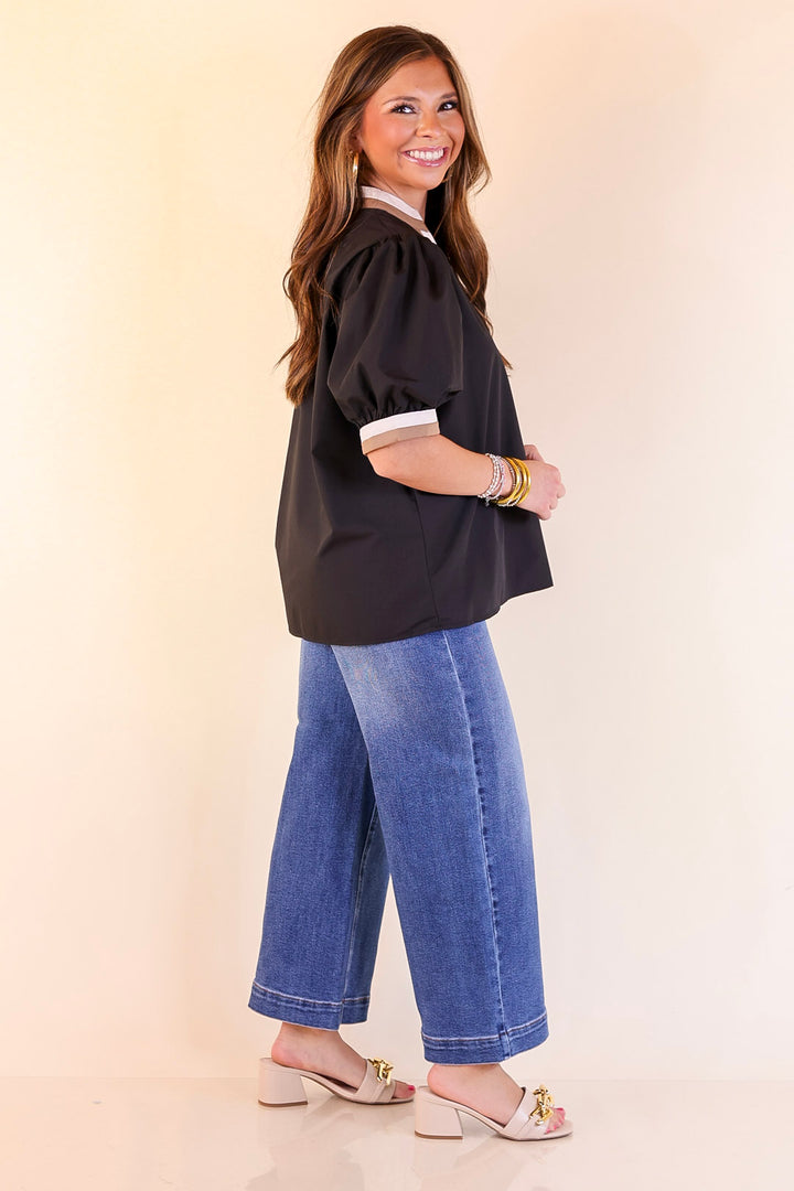 Standout Style V Neck Top with Short Balloon Sleeves and Natural Color Trim in Black