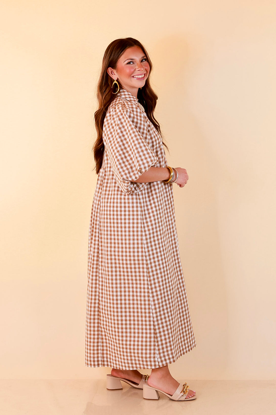 All Eyes on You Smocked Yoke Puff Sleeve Gingham Print Maxi Dress in Camel Brown and Ivory