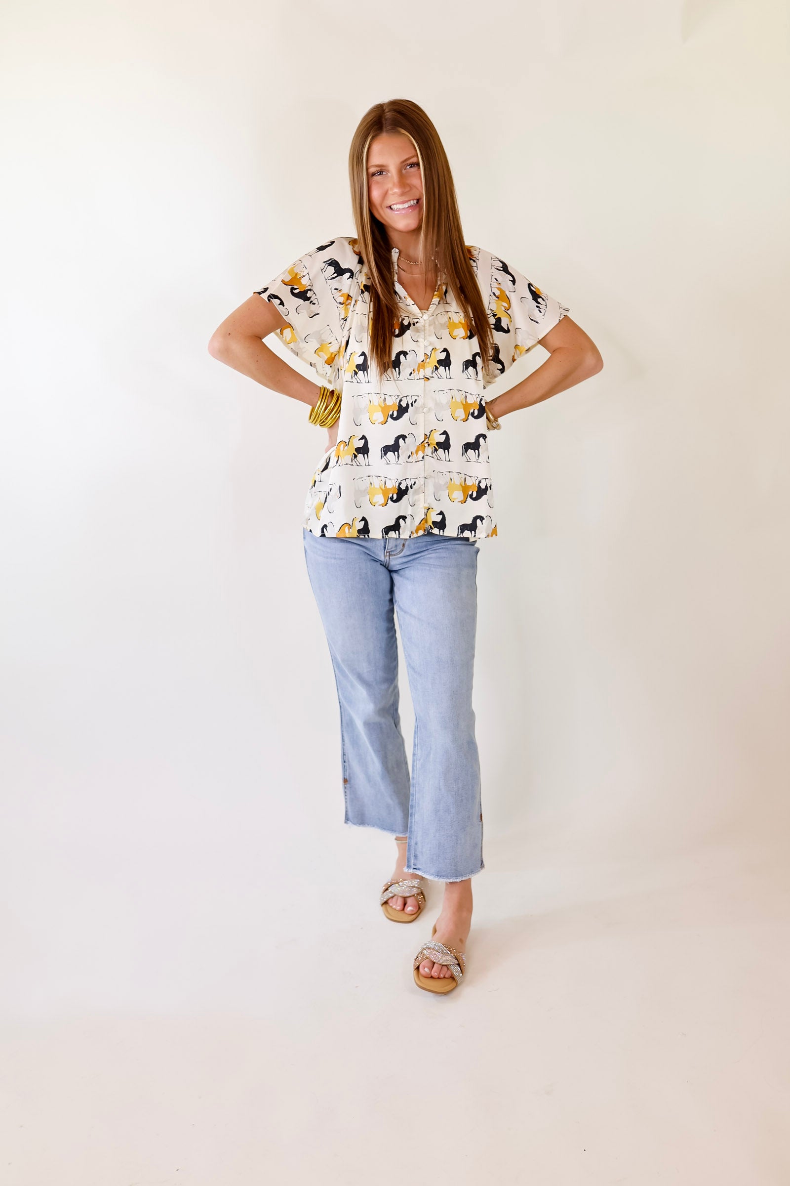 Away We Go Button Up Horse Print Shirt in Ivory - Giddy Up Glamour Boutique