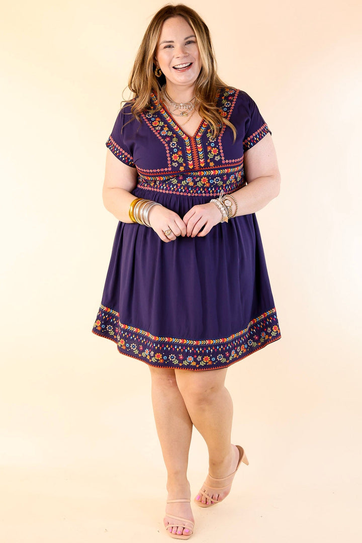 Passing Through V Neck Embroidered Dress with Short Sleeves in Navy Blue
