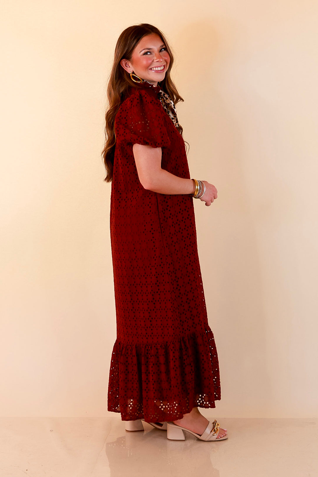 Meet Me at Sunset Eyelet Lace Puff Sleeve Tiered Maxi Dress in Maroon