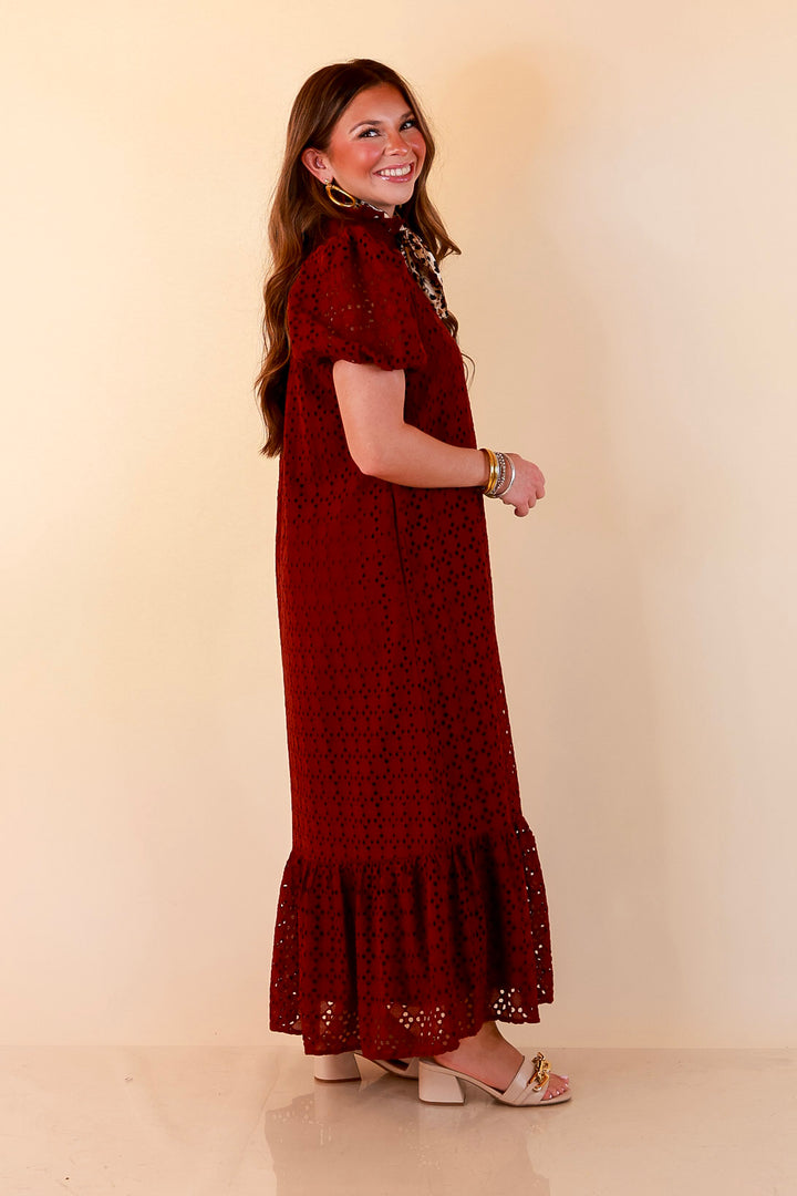 Meet Me at Sunset Eyelet Lace Puff Sleeve Tiered Maxi Dress in Maroon