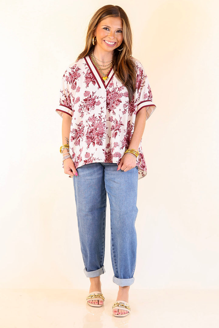 Chic Rewind V Neck Placket Floral French Toile Short Sleeve Top in Maroon and Ivory