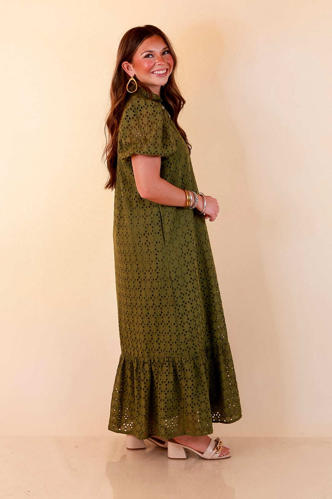 Meet Me at Sunset Eyelet Lace Puff Sleeve Tiered Maxi Dress in Olive Green