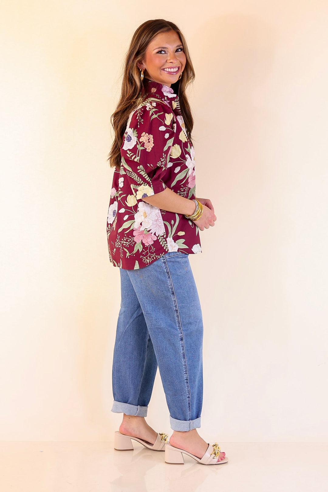 First Glance Button Up Puff Sleeve Floral Print Top in Maroon