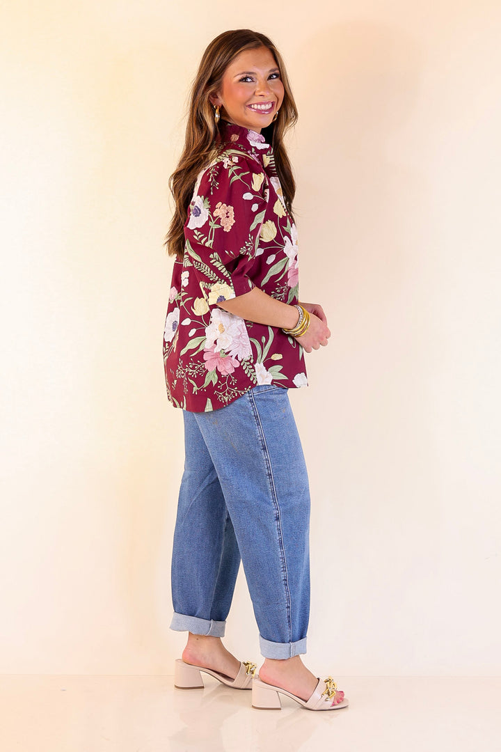First Glance Button Up Puff Sleeve Floral Print Top in Maroon