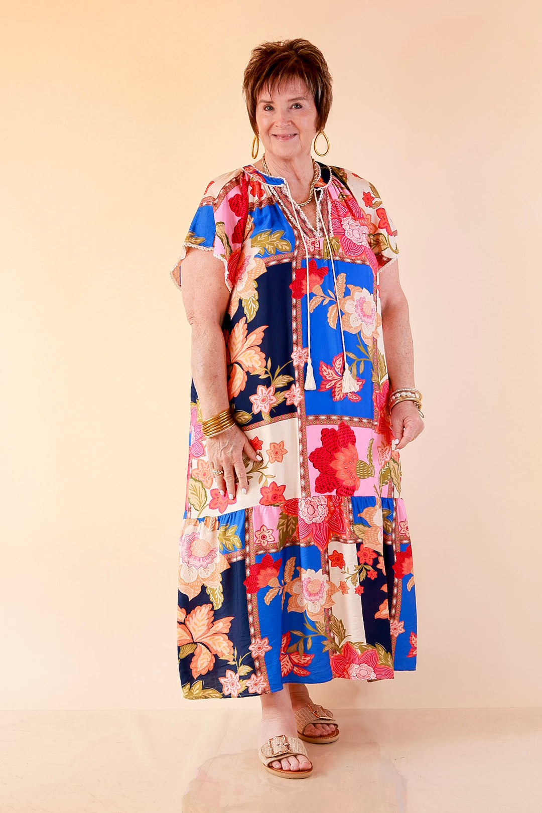 Patchwork Poise Floral Patchwork Print Midi Dress with Tassel Tie Neckline and Flutter Sleeves in Blue Mix