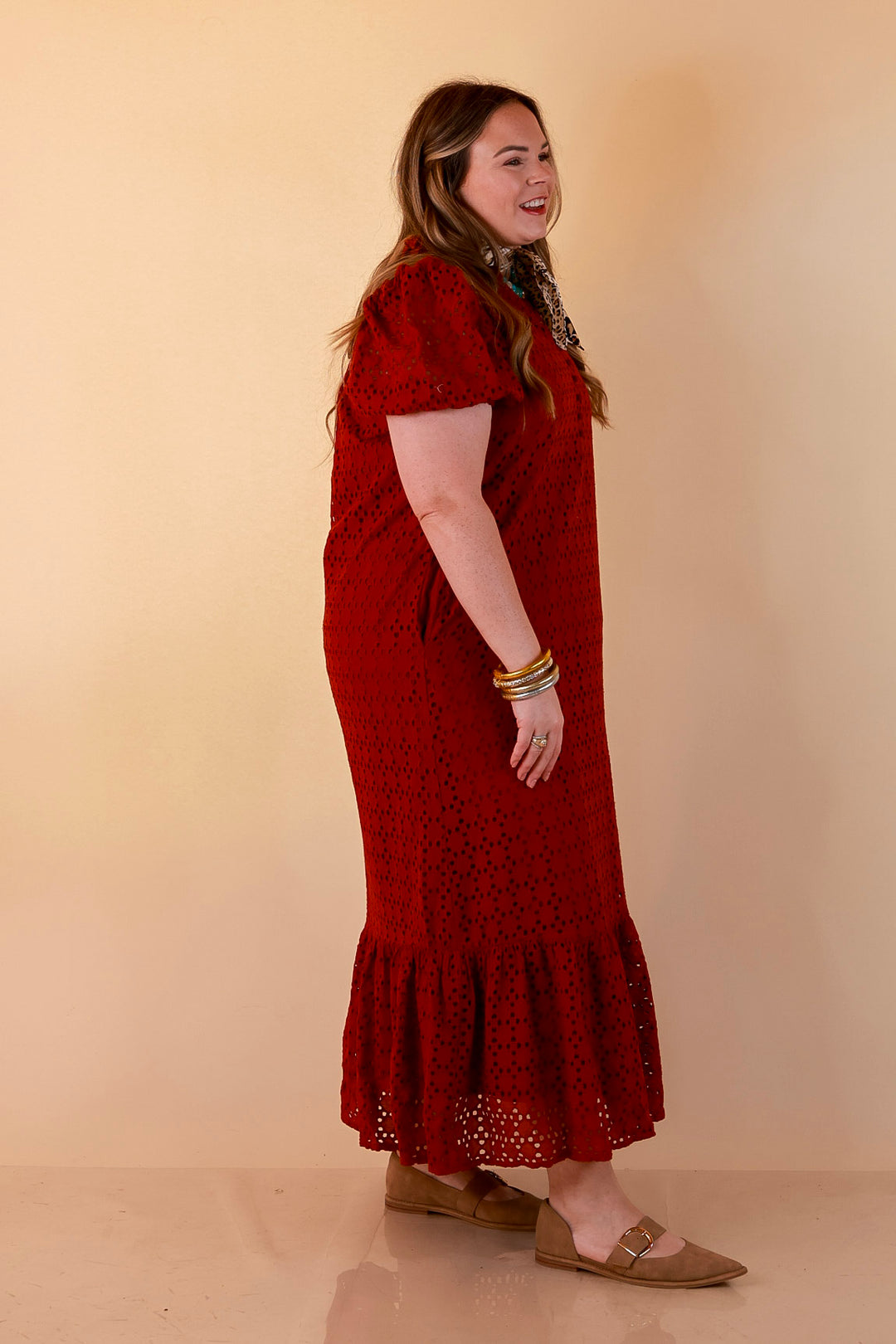 Meet Me at Sunset Eyelet Lace Puff Sleeve Tiered Maxi Dress in Rust Red