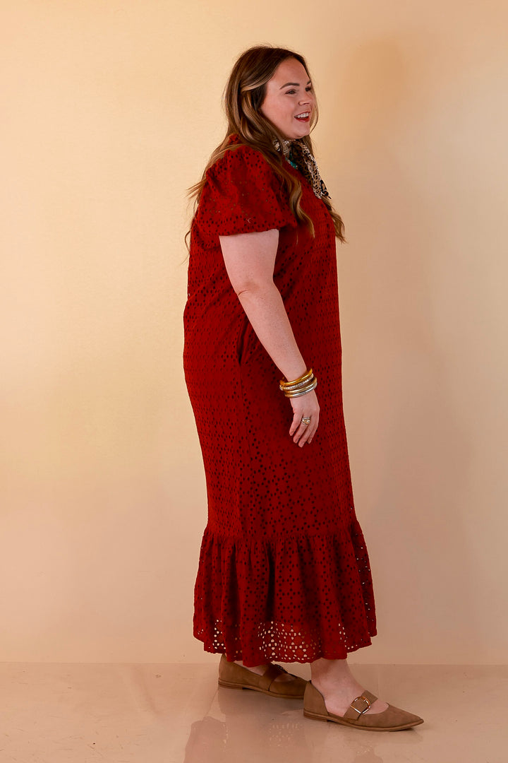 Meet Me at Sunset Eyelet Lace Puff Sleeve Tiered Maxi Dress in Rust Red