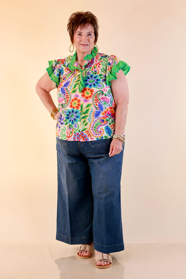 Flourish and Flow Paisley Floral Print Ruffle Flutter Sleeve Top with Split Neckline in Cream