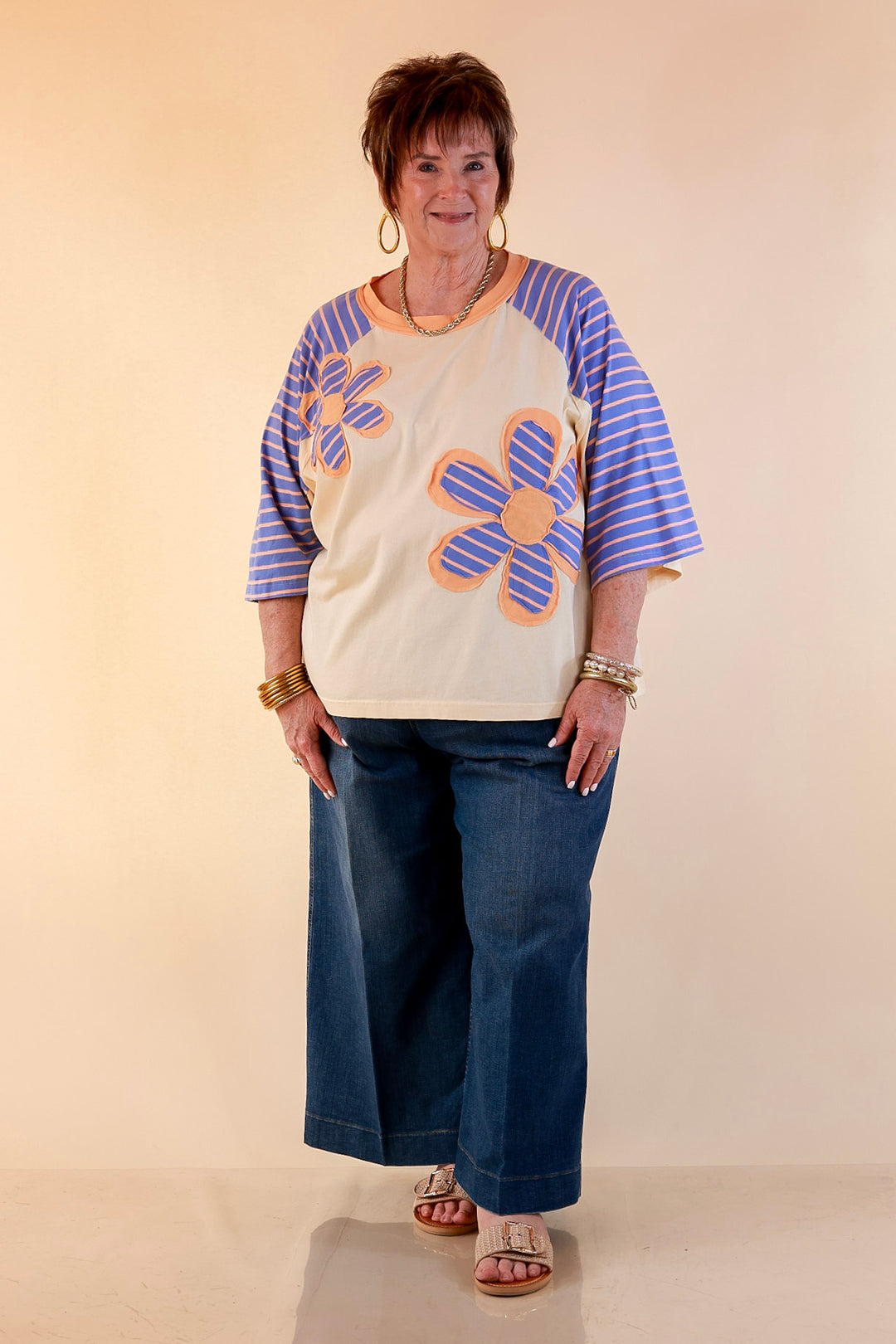 Bloom in Color Floral and Stripe Print Relaxed Short Sleeve Top with Contrast Sleeves in Cream