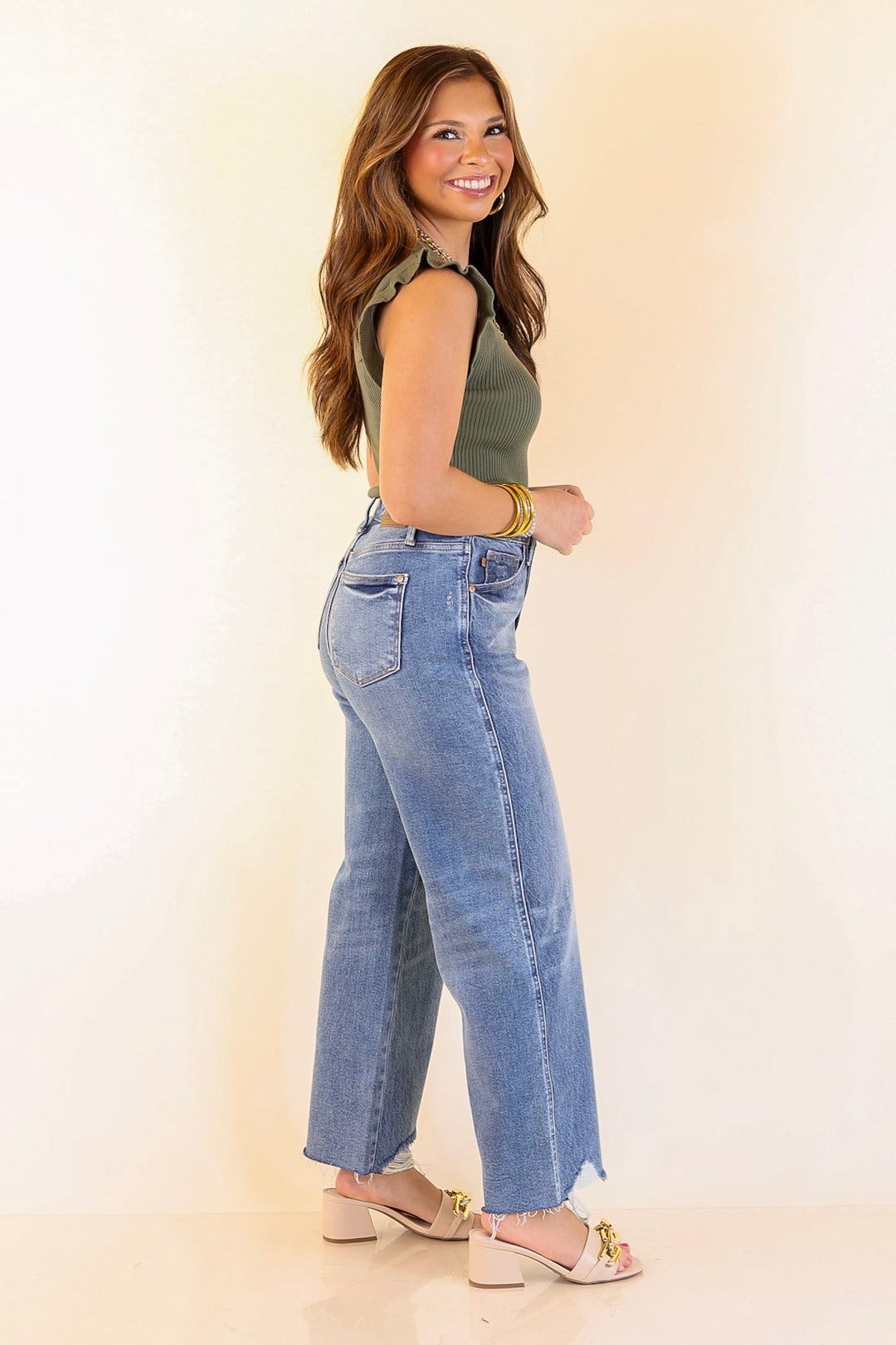 Flirty Frill Scoop Neck Top with Ruffle Sleeves in Olive Green