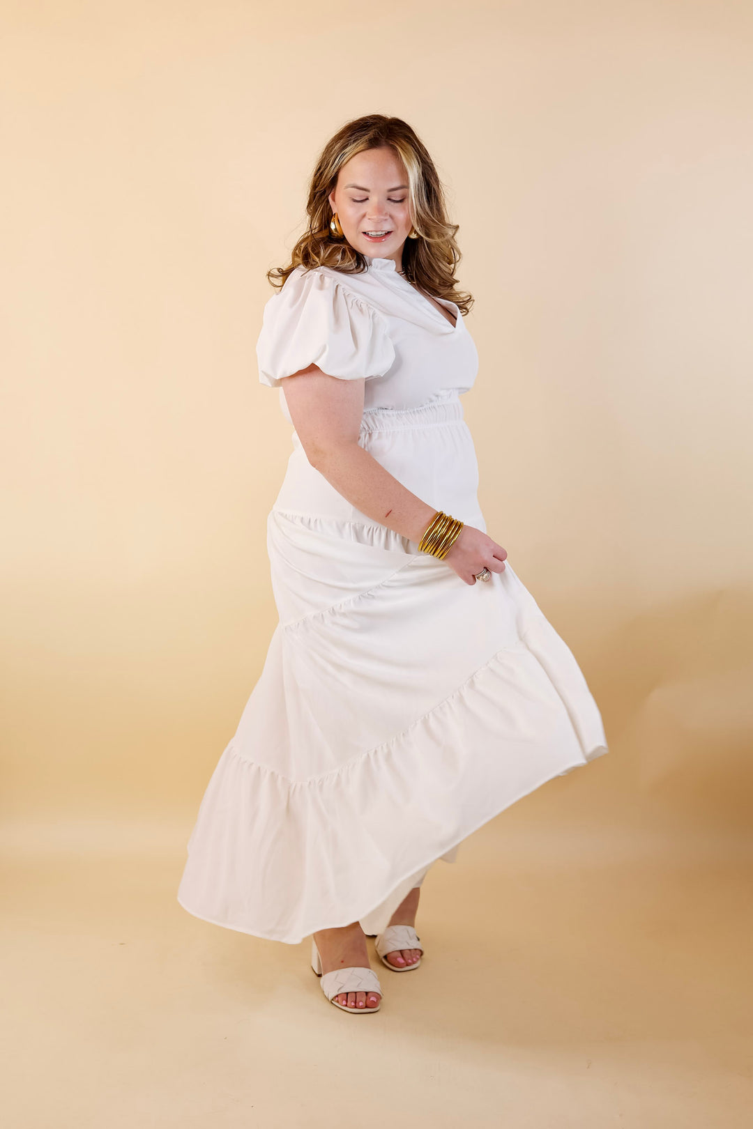 Table for Two Tiered Maxi Dress with Puff Sleeves in White - Giddy Up Glamour Boutique