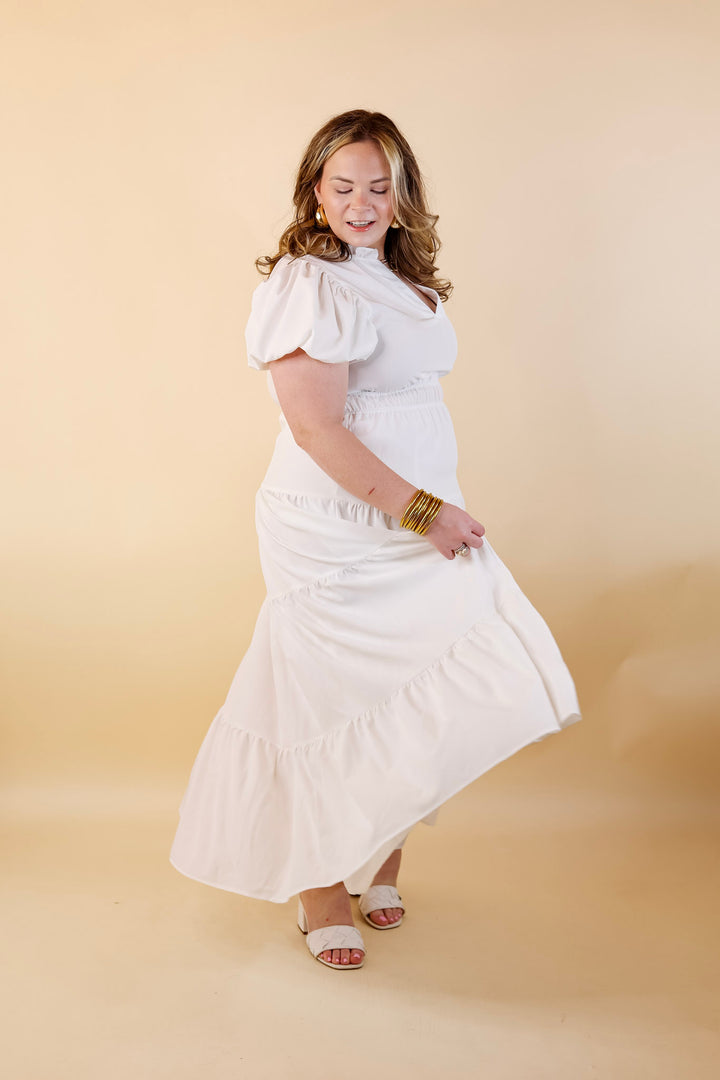 Table for Two Tiered Maxi Dress with Puff Sleeves in White - Giddy Up Glamour Boutique