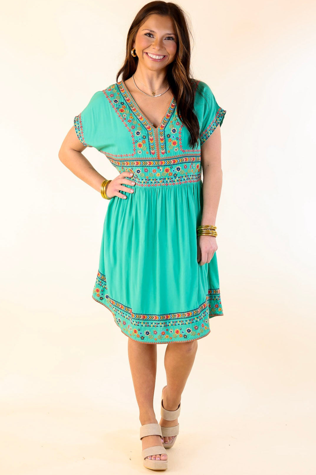 Passing Through V Neck Embroidered Dress with Short Sleeves in Mint Green