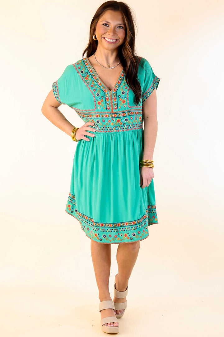 Passing Through V Neck Embroidered Dress with Short Sleeves in Mint Green