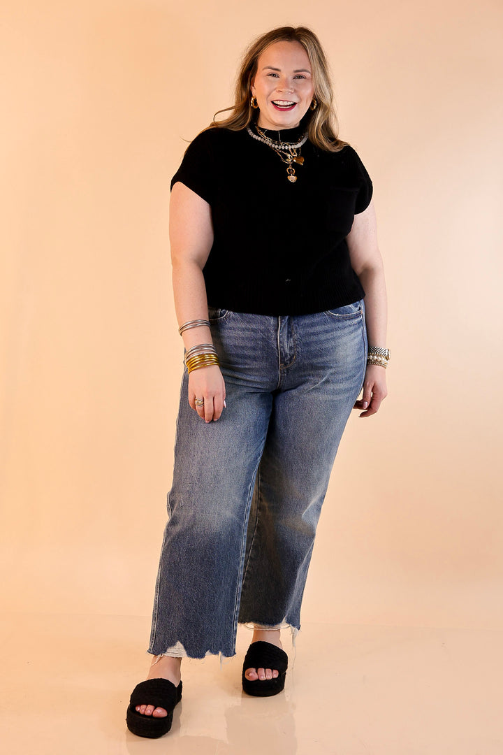 Repeat Worthy Cap Sleeve Cropped Sweater with Front Pocket in Black