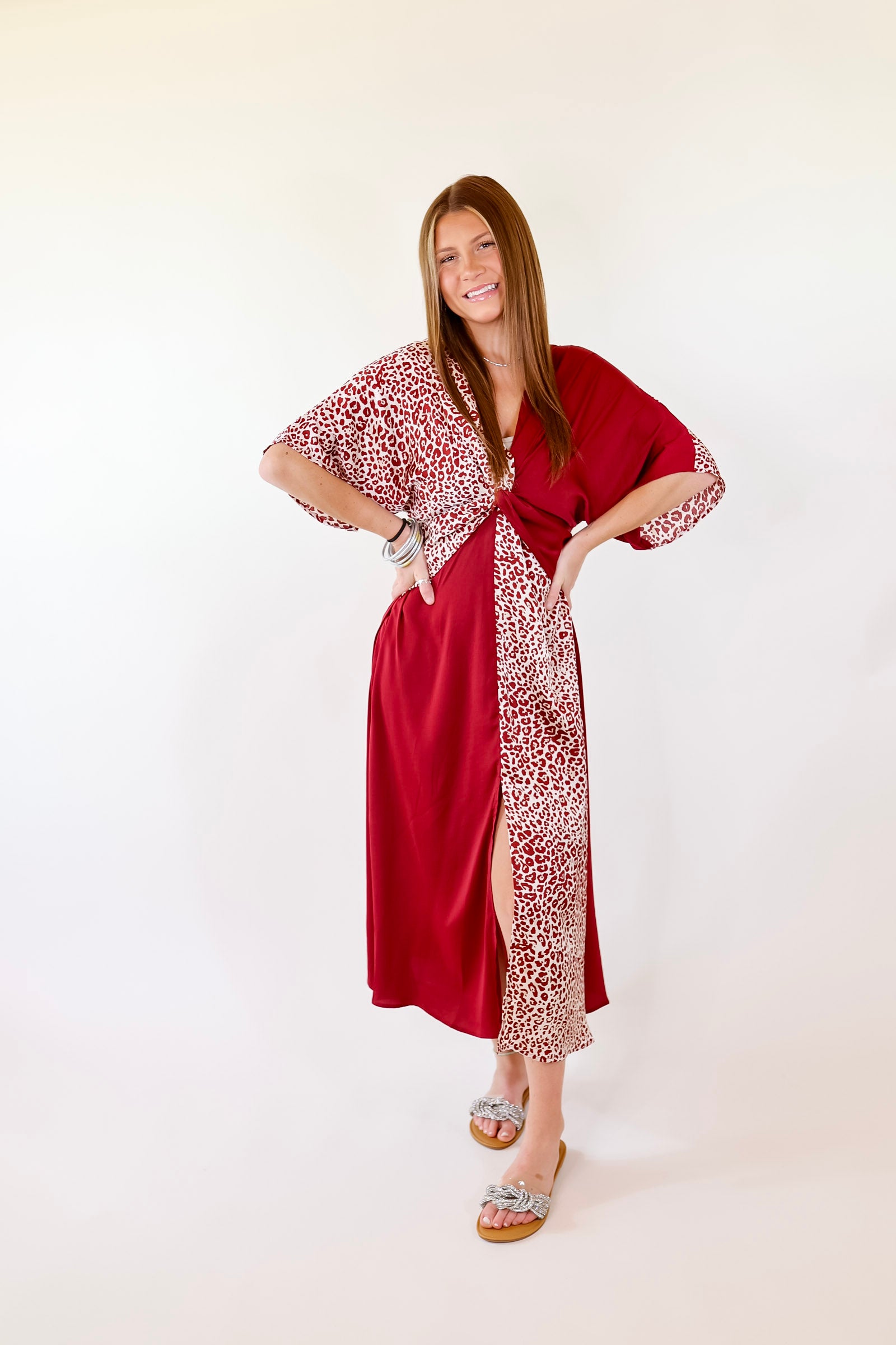 Take My Breath Away Front Knot Leopard Print Block Midi Dress in Maroon - Giddy Up Glamour Boutique