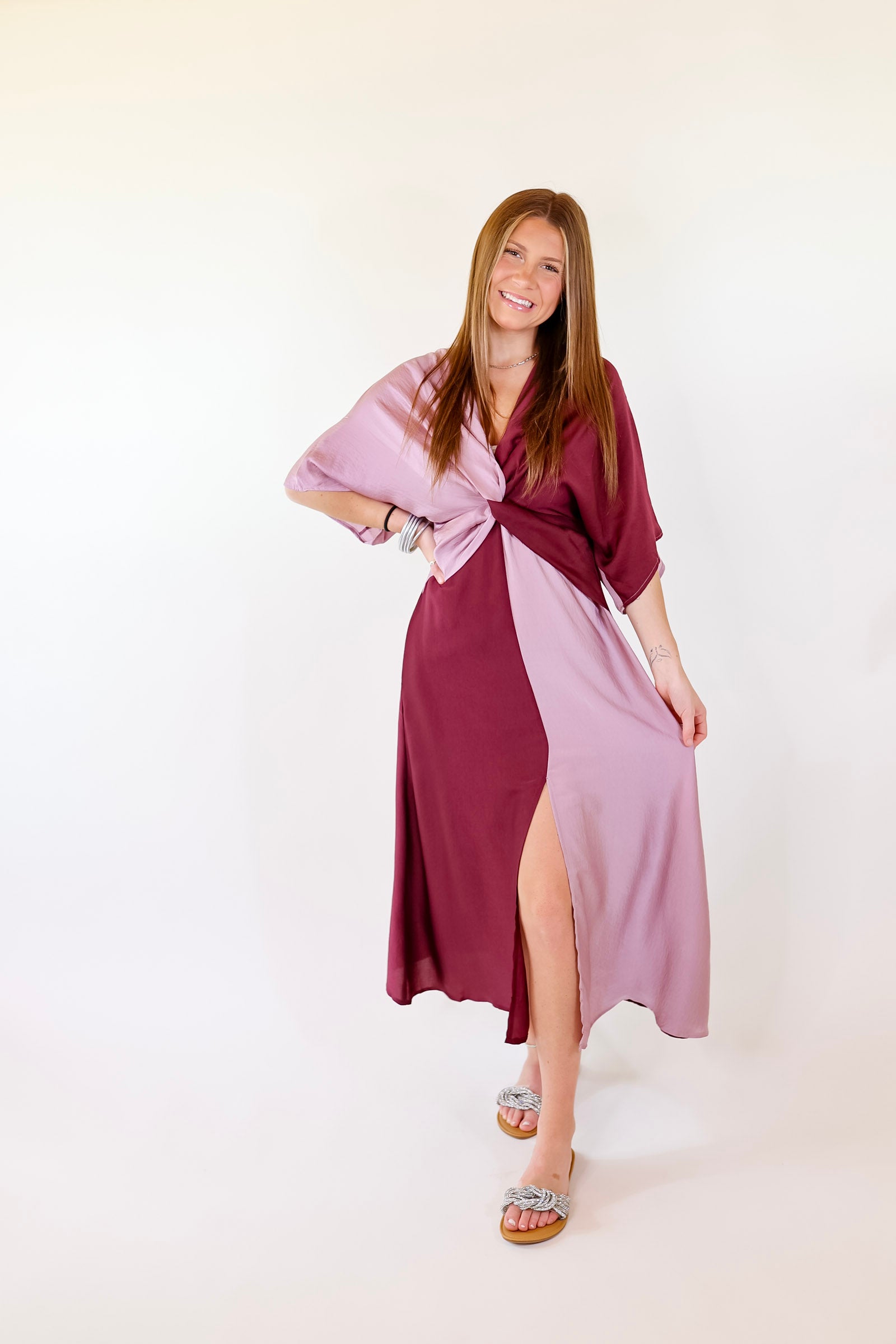 Take My Breath Away Front Knot Color Block Midi Dress in Purple Mix - Giddy Up Glamour Boutique