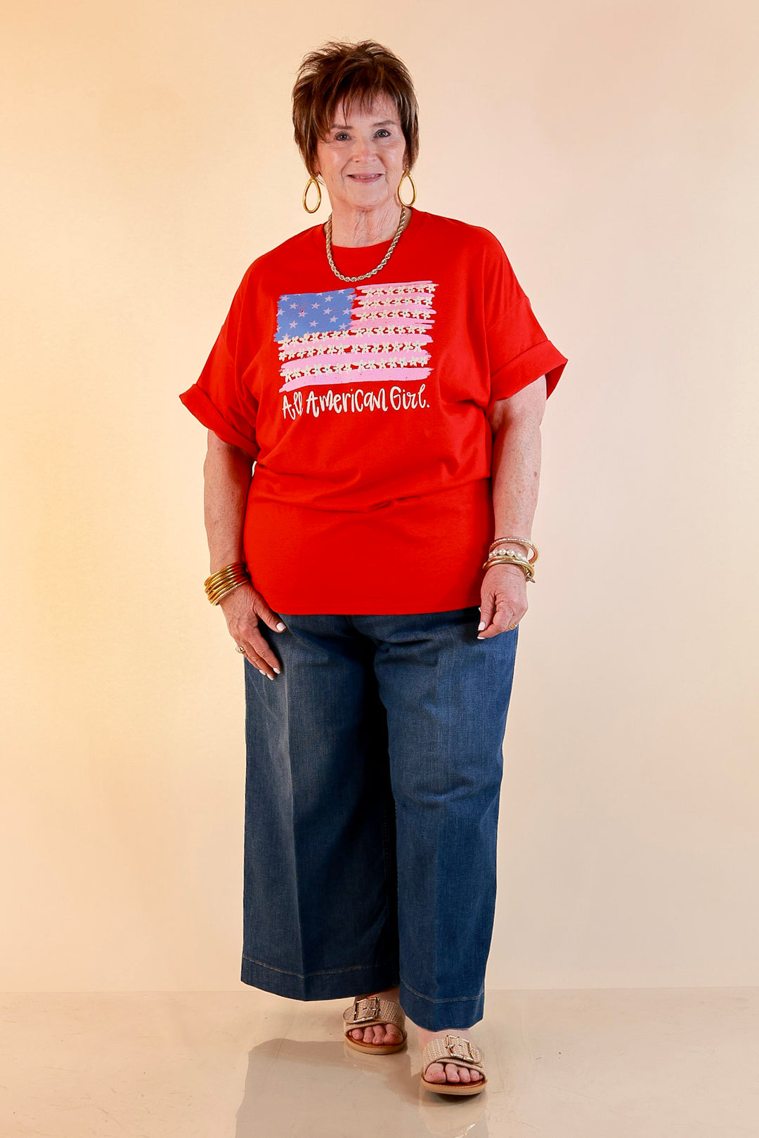All American Darling USA Floral Flag Coquette Short Sleeve Graphic Tee with Bow Detailing in Red