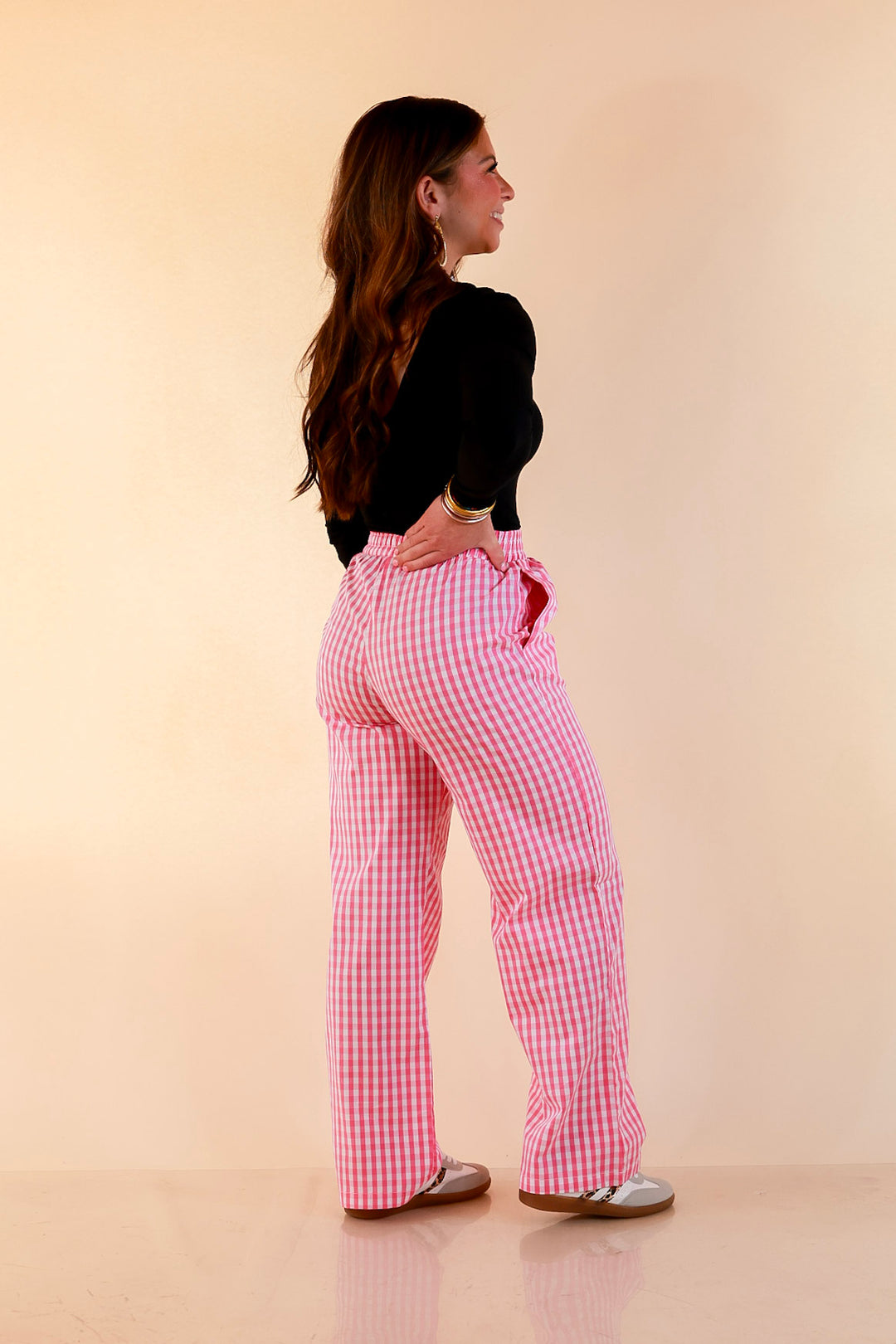 Lulu Mac | Casual Agenda Gingham Print Boxer Pants with Elastic Waistband in Pink