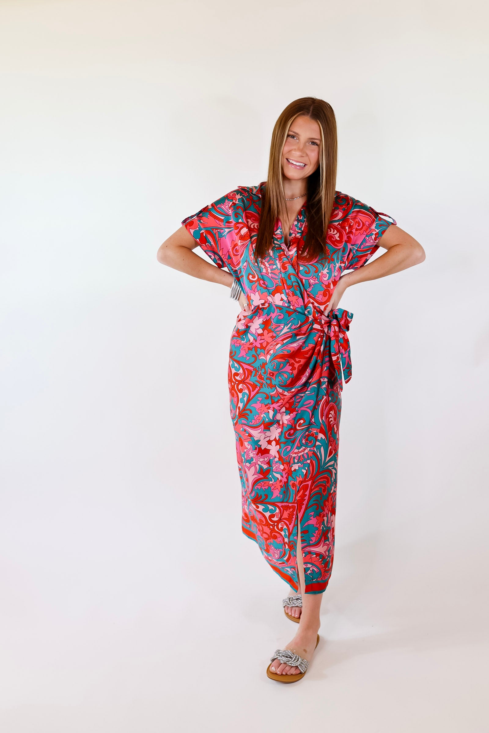 Room With A View Baroque Print Wrap Midi Dress in Pink and Teal - Giddy Up Glamour Boutique