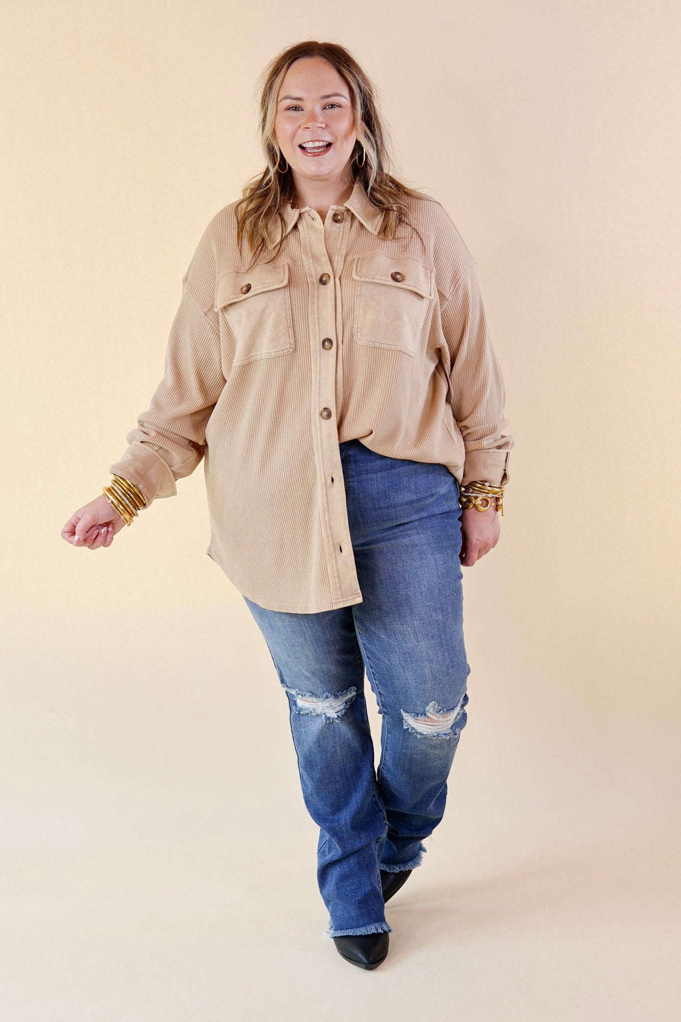 A Place To Unwind Button Up Waffle Knit Shacket in Cream - Giddy Up Glamour Boutique