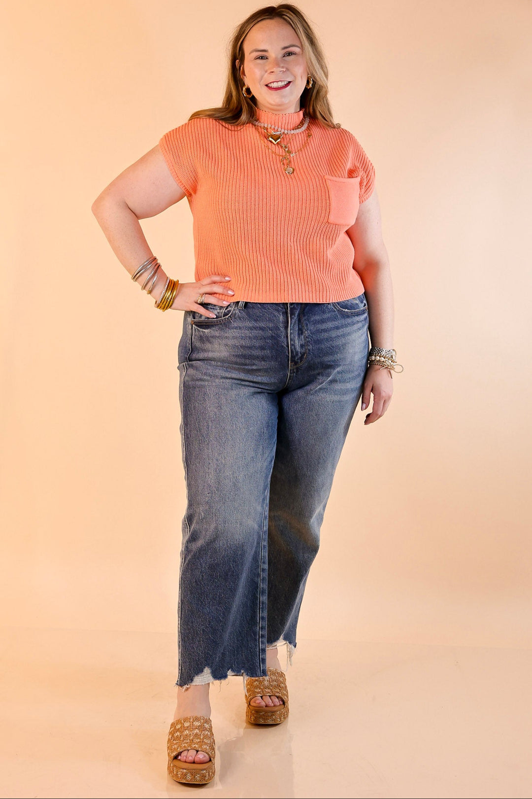 Repeat Worthy Cap Sleeve Cropped Sweater with Front Pocket in Coral Orange