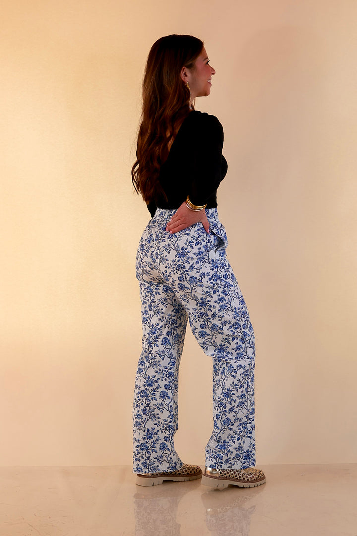 Lulu Mac | Casual Agenda Floral Toile Print Boxer Pants with Elastic Waistband in Blue