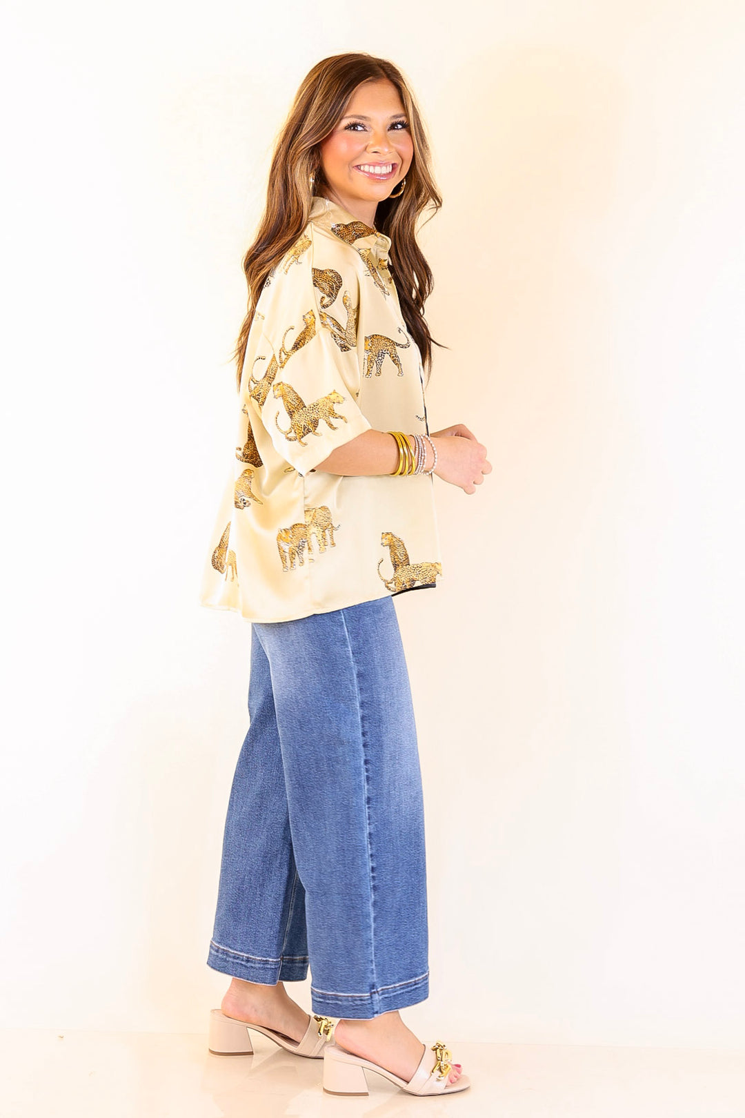 All Eyes On Me Button Up Cheetah Print Blouse Top in Black and Gold